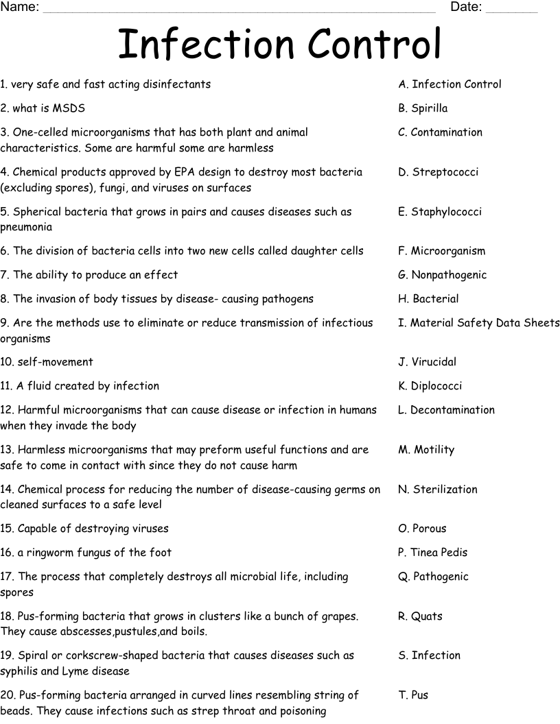 Infection Control Worksheet - WordMint