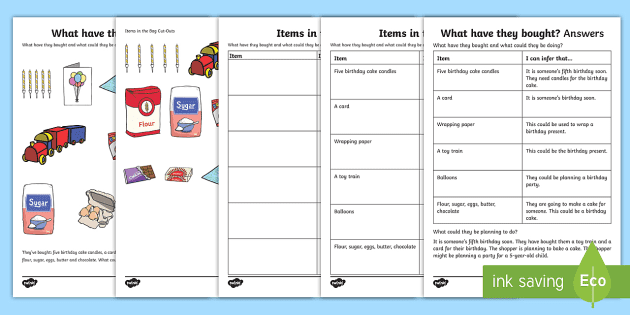 What Have They Bought? (2) Inferences Worksheet / Worksheet