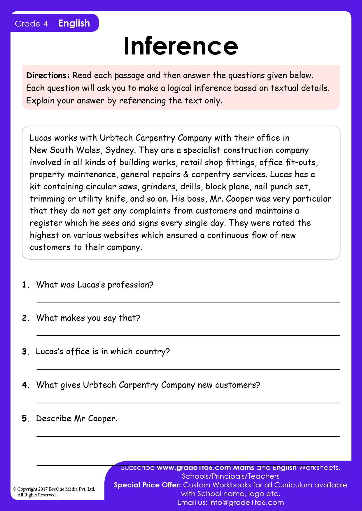 Inference worksheets for Grade 4 | Grade1to6.com