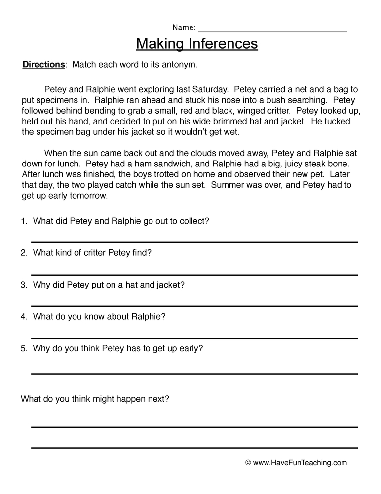 Reading Inferences Worksheet  