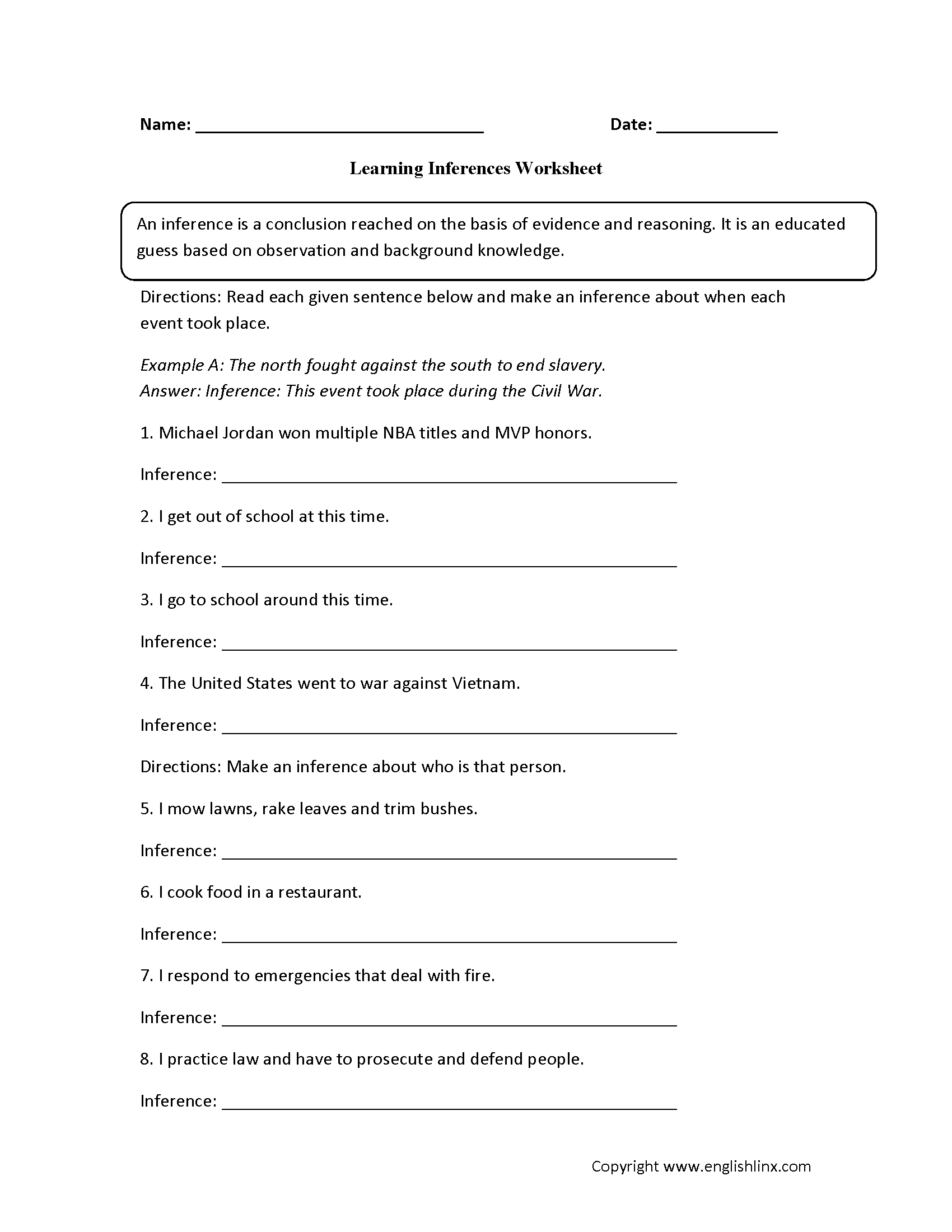 Inference Worksheets | Learning Inference Worksheets