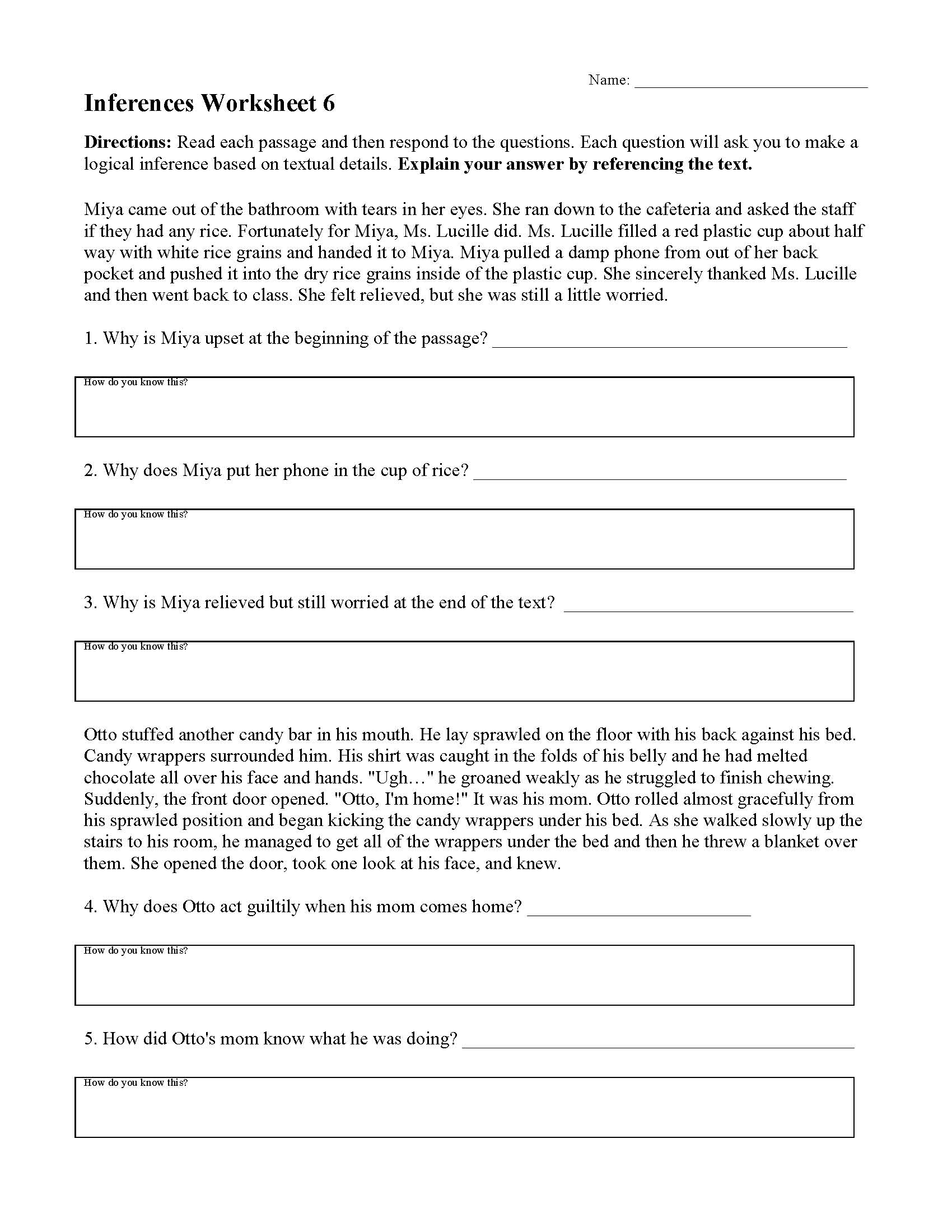 Inferences Worksheet 6 | Reading Activity
