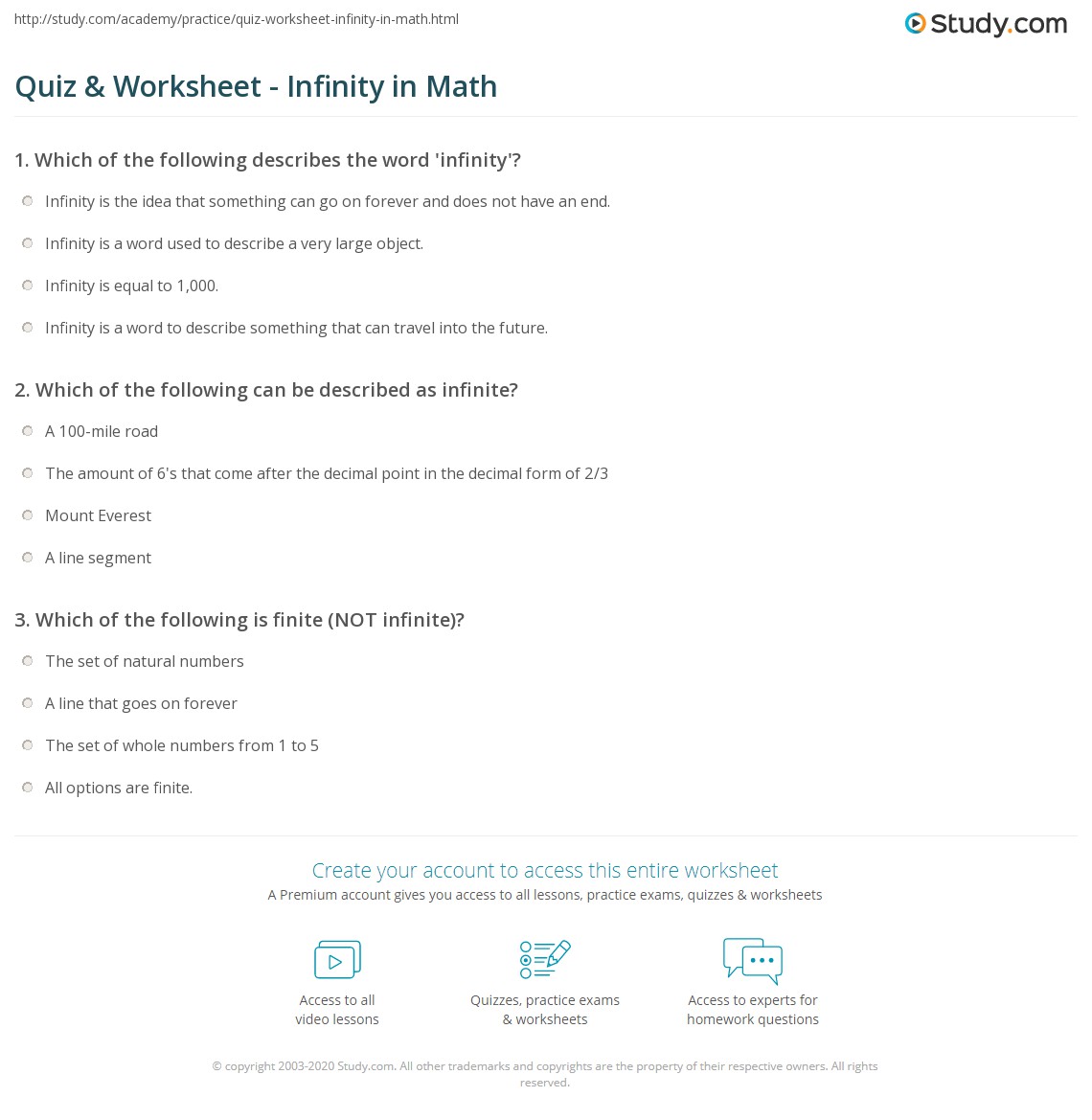 Quiz &  Worksheet - Infinity in Math | Study.com