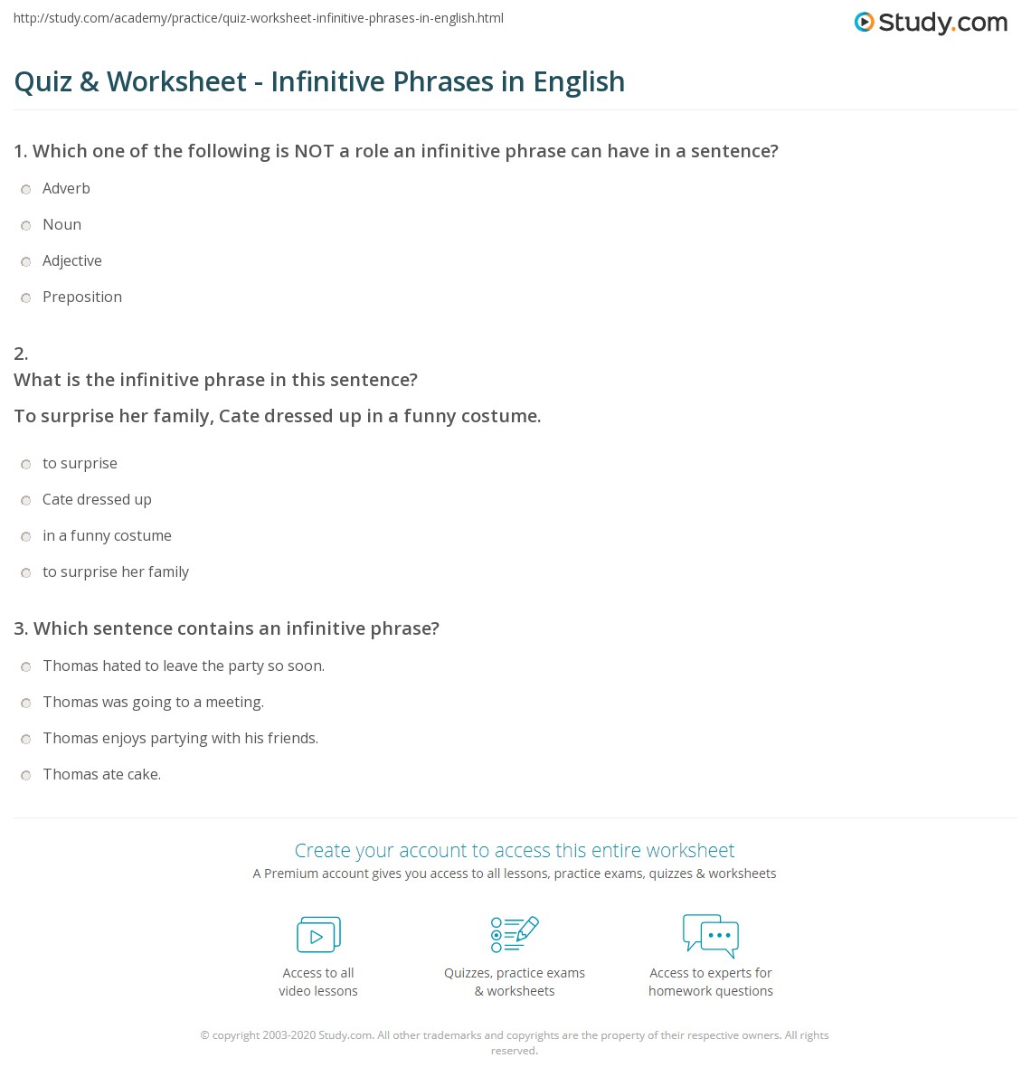 Quiz &  Worksheet - Infinitive Phrases in English | Study.com
