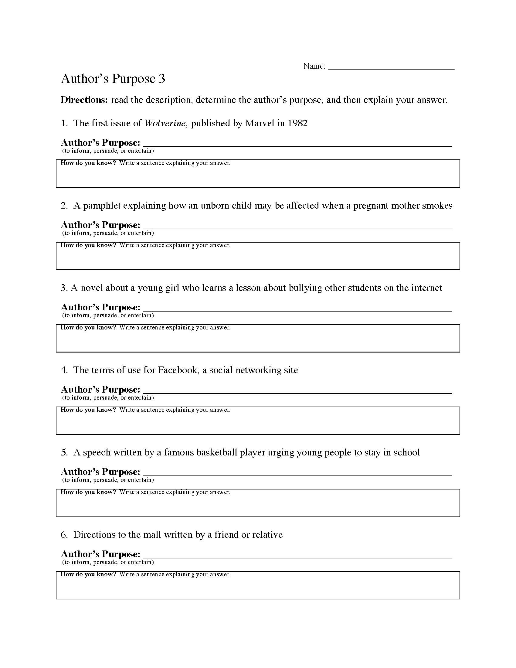 Authors Purpose Worksheets | Reading Skills