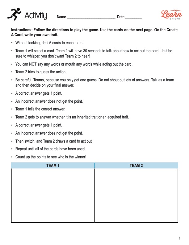 inherited traits worksheet 4th grade
