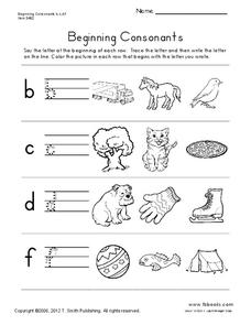 Beginning Consonants Worksheet for Kindergarten - 1st Grade ...
