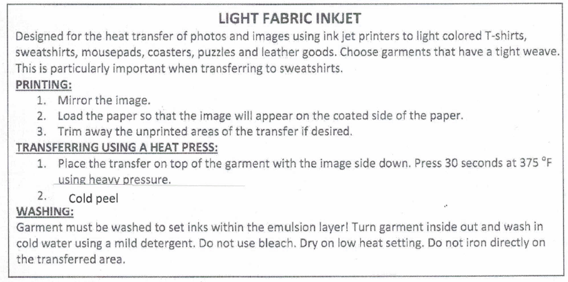inkjet transfer paper washing instructions