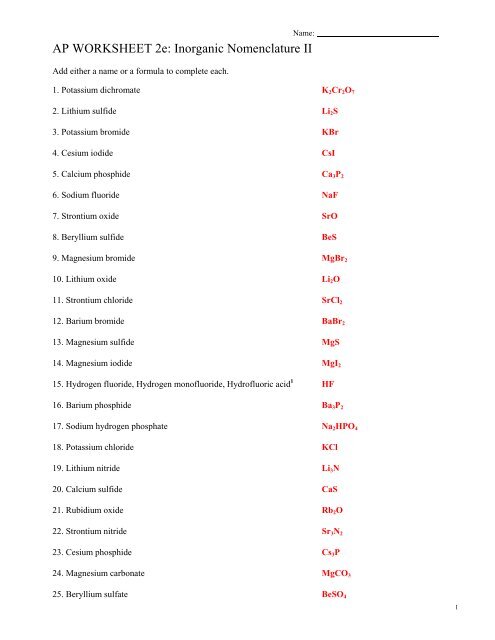 inorganic nomenclature worksheet answers
