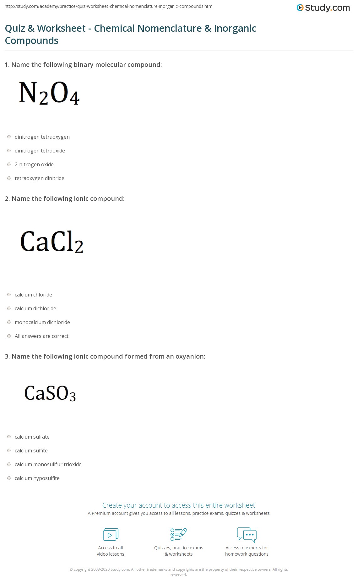 Quiz & Worksheet Chemical Nomenclature & Compounds