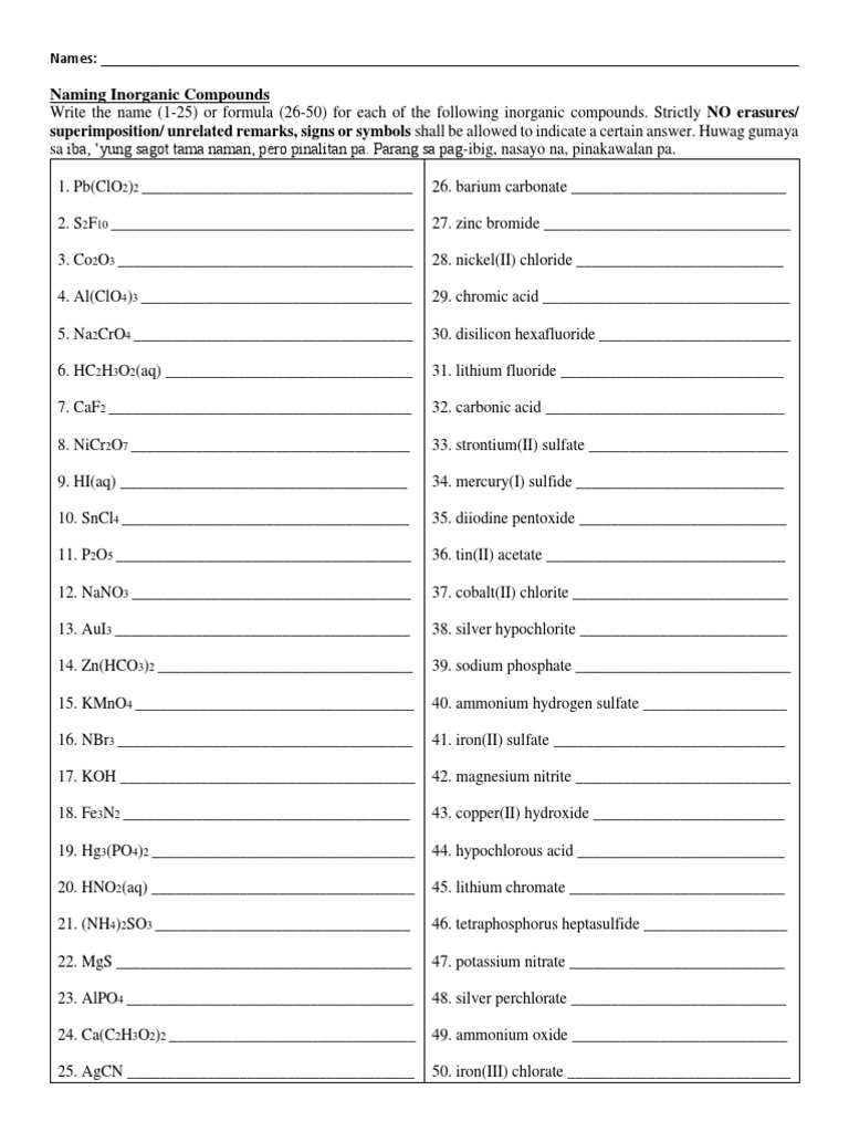 Naming Inorganic Compounds Worksheet PDF Sodium Hydroxide
