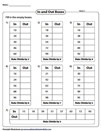 In and Out Boxes for Division Worksheets