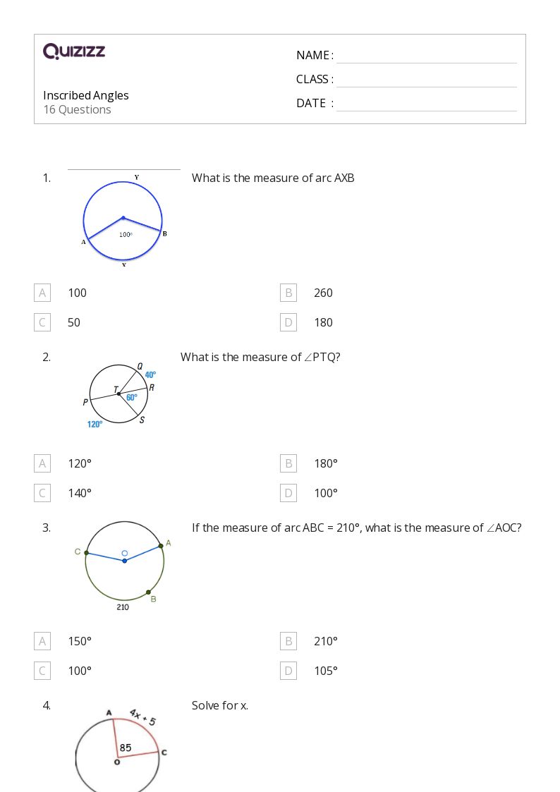 inscribed angles worksheet and answers