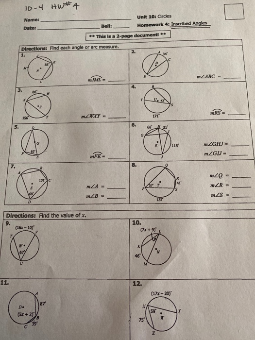 Solved 10-4 HW#4 Name: Date: Unit 10: Circles Bell: Homework ...