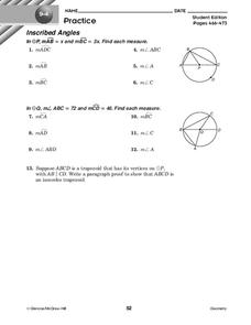 Inscribed Angles Worksheet for 10th Grade | Lesson Planet