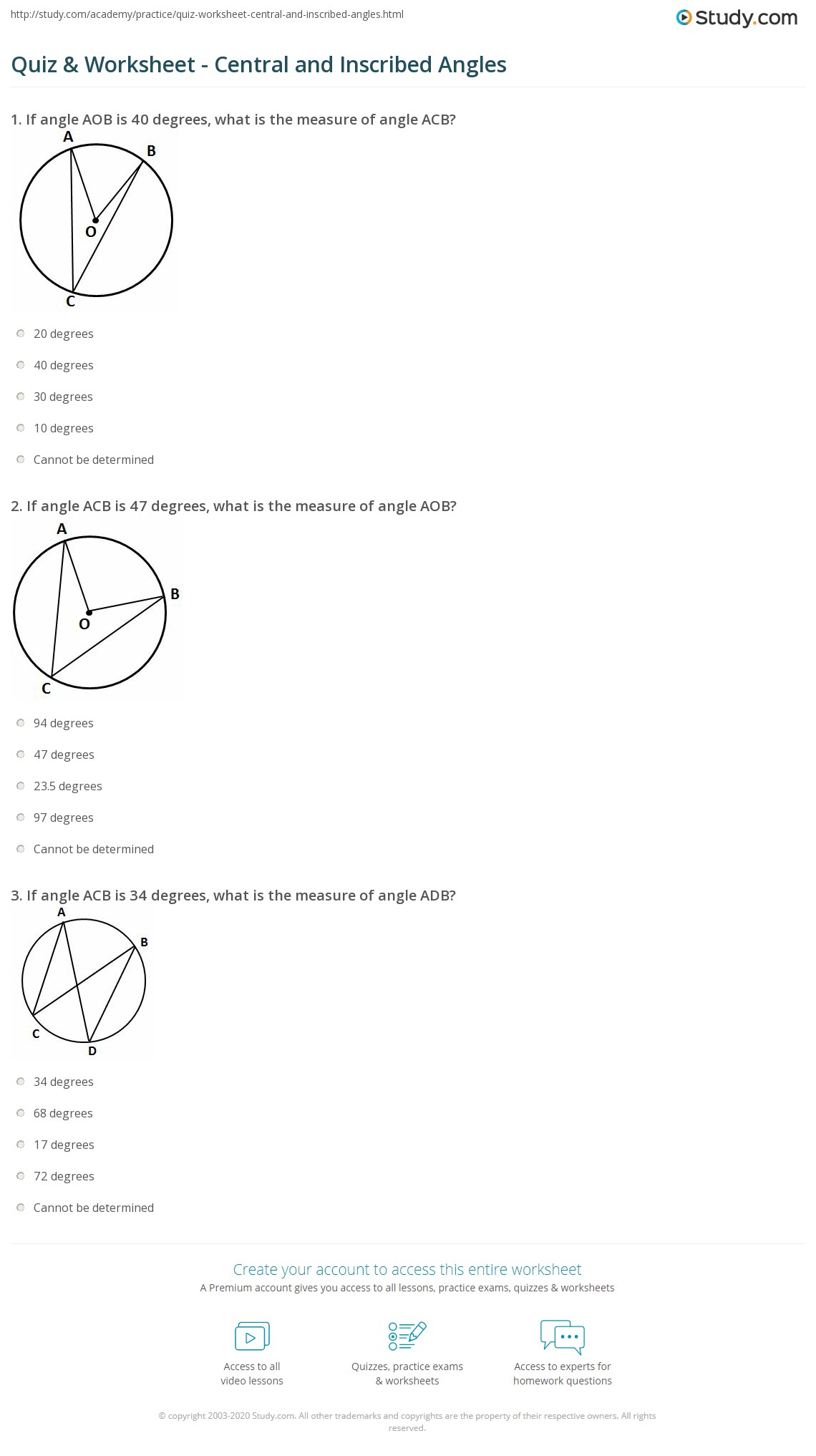 Quiz &  Worksheet - Central and Inscribed Angles | Study.com