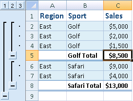 insert subtotals in a list of data in a worksheet
