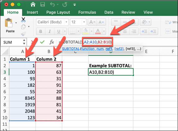insert subtotals in a list of data in a worksheet