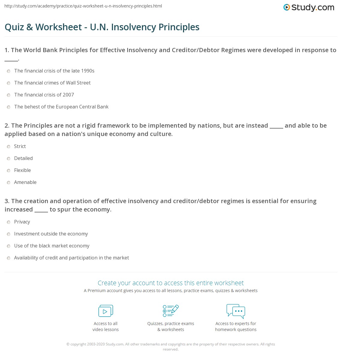 Quiz &  Worksheet - U.N. Insolvency Principles | Study.com