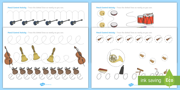 Musical Instruments Pencil Control Worksheets - Twinkl