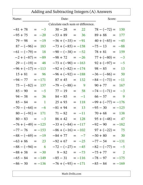 Adding and Subtracting Mixed Integers from -99 to 99 (75 Questions ...