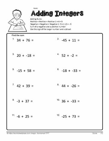 Adding Integers-1 Worksheets