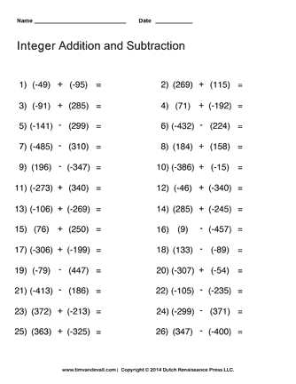 Adding and Subtracting Integers Worksheet | Math Printables ...