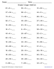 Simple Integer Addition Worksheet for 3rd - 4th Grade | Lesson Planet