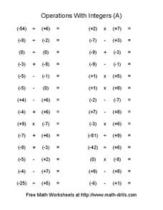 Operations with Integers (A) Worksheet for 3rd - 4th Grade ...