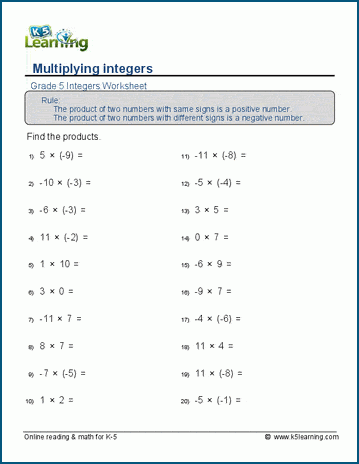 Multiplication of integers worksheets | Worsheets library