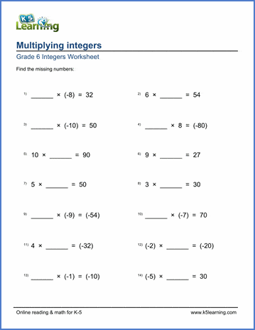 Grade 6 Integers Worksheets: Multiplying integers (missing factors ...