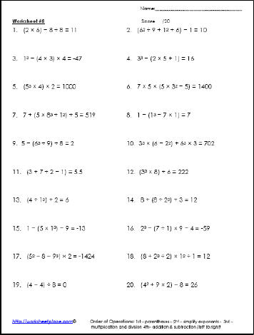 Order of Operations Worksheet 8 Worksheets