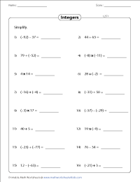 Integers Worksheets
