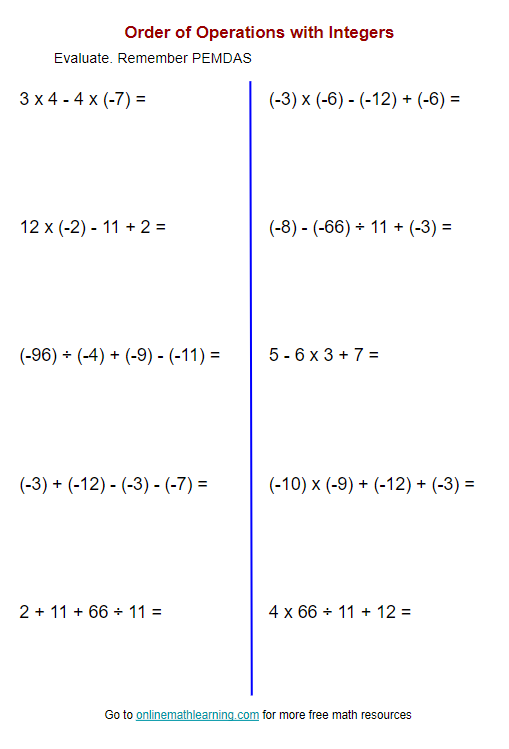 integer order of operations worksheet