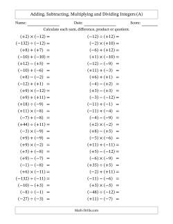 Integers Worksheets