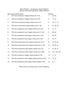Consecutive Integer Problems Lesson Plans &  Worksheets