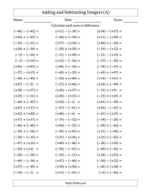 Adding and Subtracting Mixed Integers from -50 to 50 (75 Questions ...