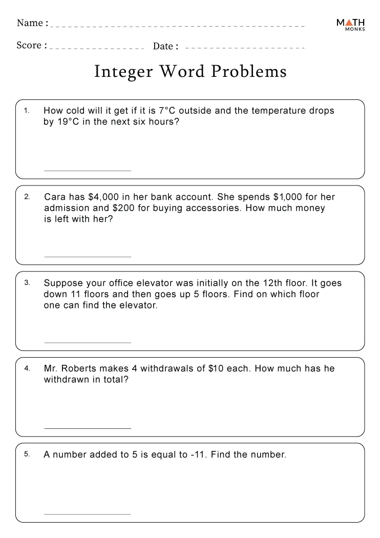 Integer Word Problems Worksheets - Math Monks