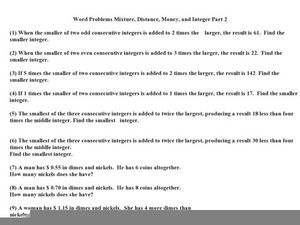 Word Problems Mixture, Distance, Money and Integer Worksheet for ...