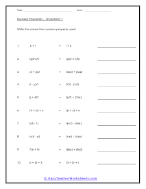 Integer Properties of Numbers Worksheets