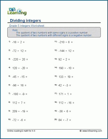 Division of integers worksheets | Worsheets library