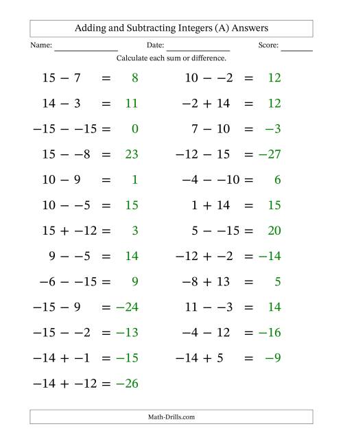 Adding and Subtracting Mixed Integers from -15 to 15 (25 Questions ...