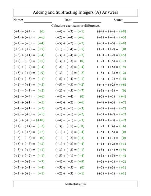 Adding and Subtracting Mixed Integers from -5 to 5 (75 Questions ...