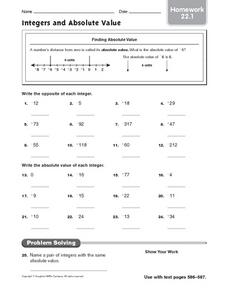 Integers and Absolute Value - Homework 22.1 Worksheet for 6th ...