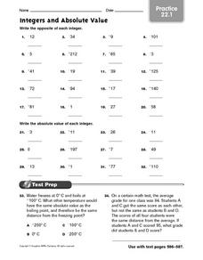 Integers and Absolute Value - Practice 22.1 Worksheet for 6th ...