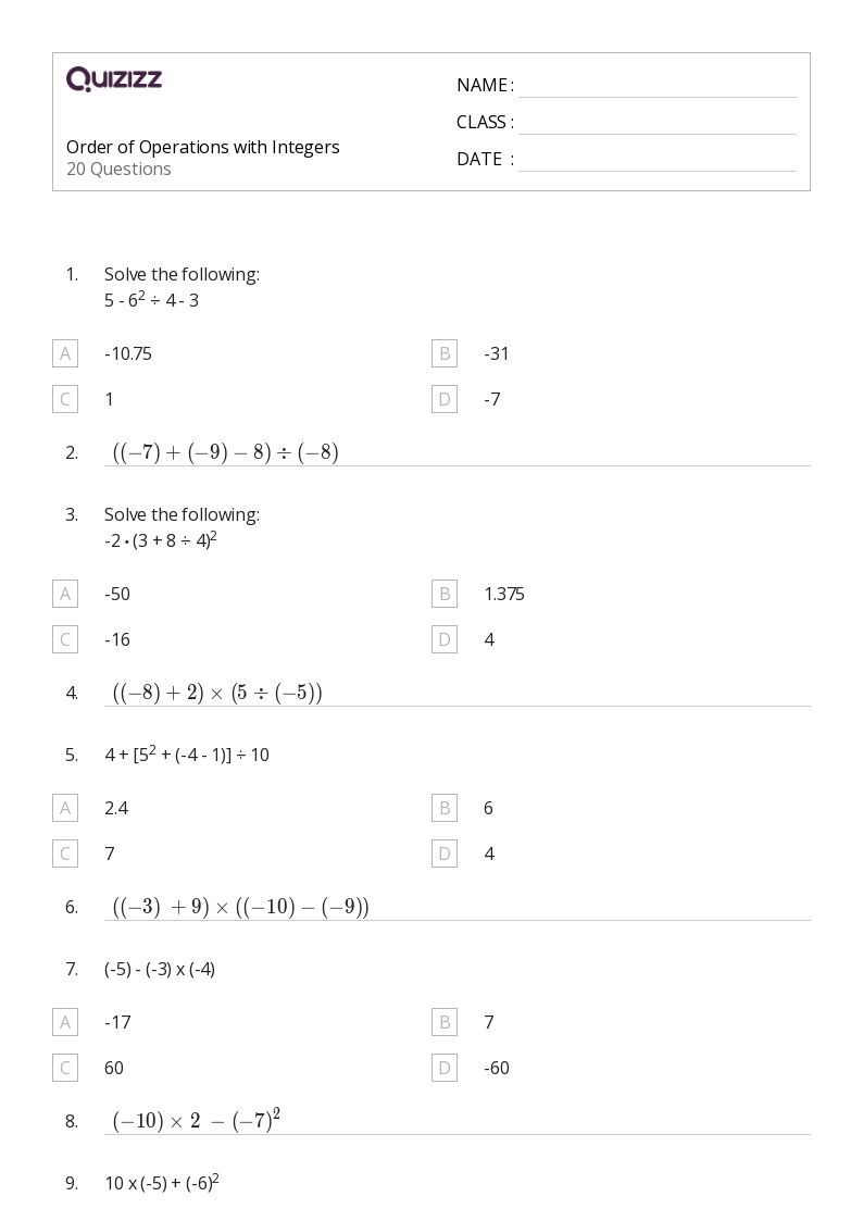 integers order of operations worksheet