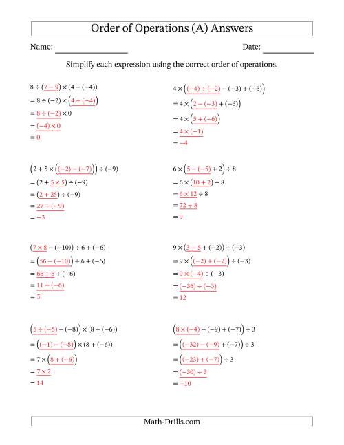 integers order of operations worksheet