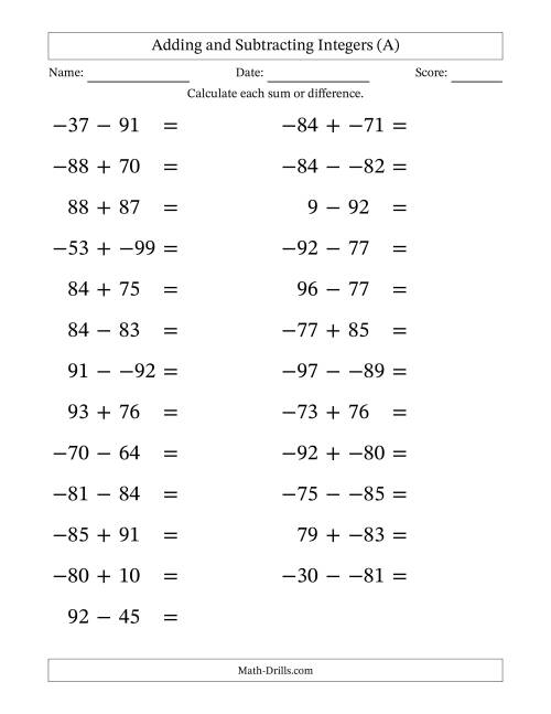 Adding and Subtracting Mixed Integers from -99 to 99 (25 Questions ...