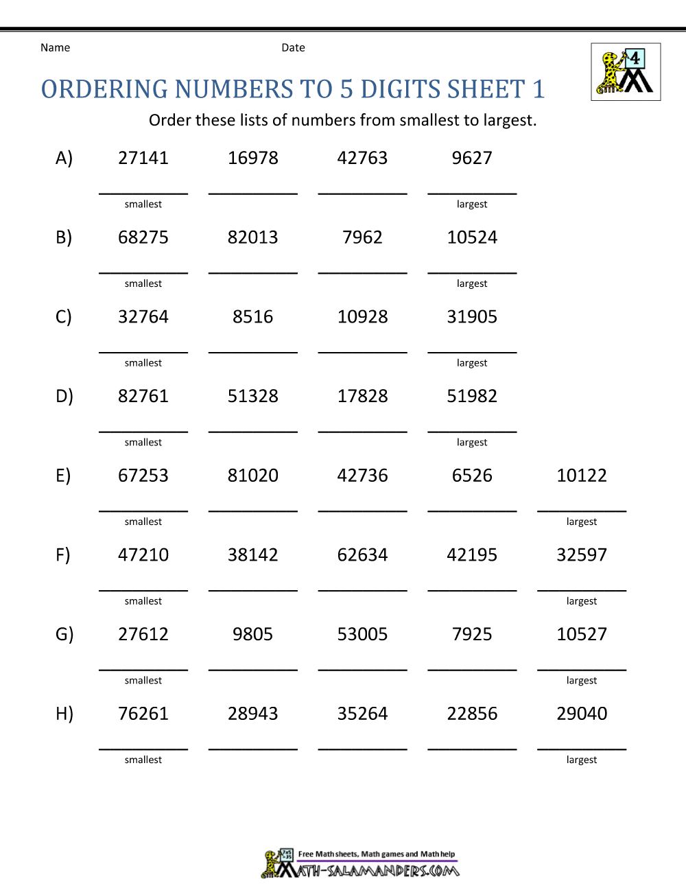 Comparing and Ordering Whole Numbers Worksheets