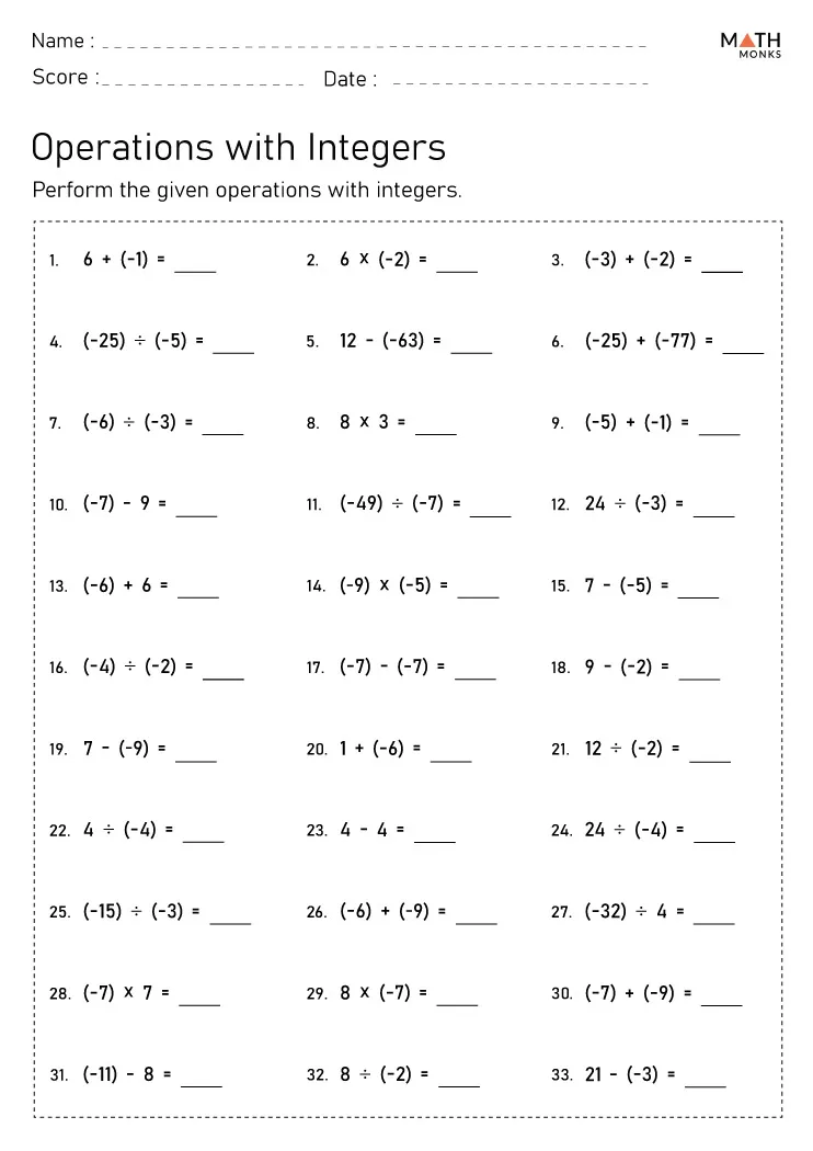Integers Worksheets - Math Monks